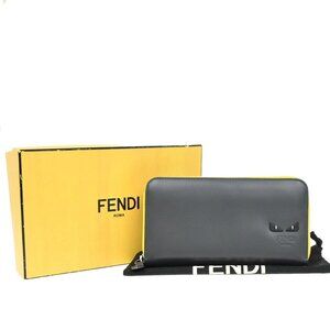 FENDI Logo Bugs Eyes Long Around Zipper Wallet Leather Gray Yellow 33KP220
